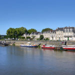 Barges and boats on the Maine river at Angers, a commune in the Maine-et-Loire department, Pays de la Loire region, in western France about 300 km (190 mi) south-west of Paris